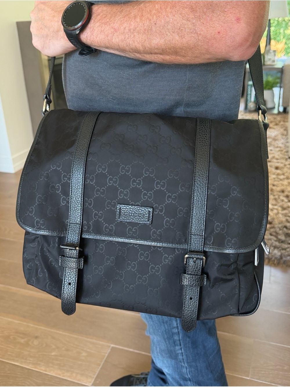 Gucci Black GG Nylon Messenger Bag with Leather Trim